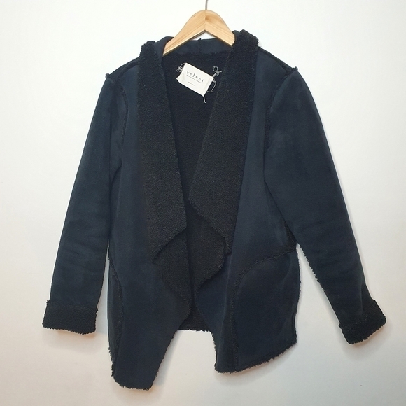 Velvet by Graham & Spencer Faux Velvet Black Sherpa Open Drape Jacket Size M - Picture 2 of 10